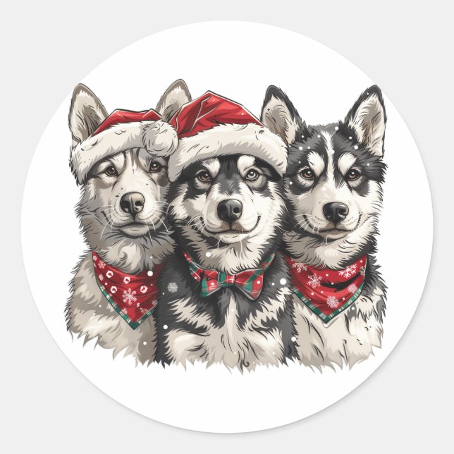 Pegatina Redonda Navidades Husky Dogs (Anverso)