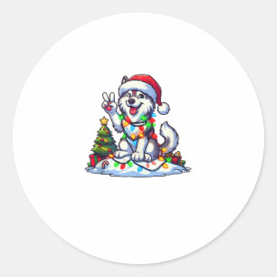 Pegatina Redonda Navidades Husky, mano de paz divertida, iluminan a
