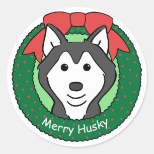 Pegatina Redonda Navidades Husky Siberiano