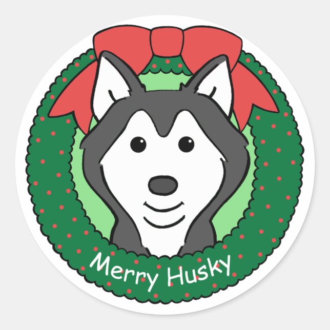 Pegatina Redonda Navidades Husky Siberiano (Anverso)