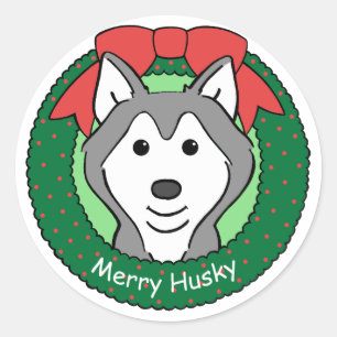 Pegatina Redonda Navidades Husky Siberiano