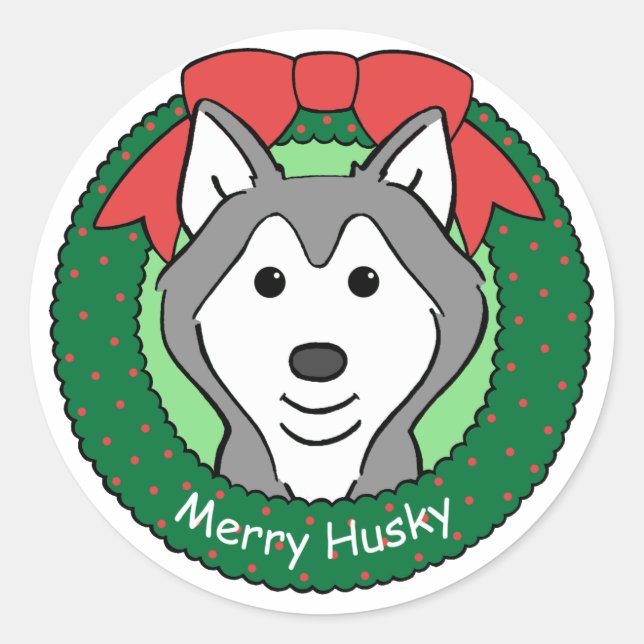 Pegatina Redonda Navidades Husky Siberiano (Anverso)