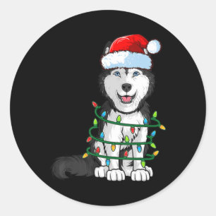 Pegatina Redonda Navidades Husky siberiano Santa Hat Xmas alumbran 