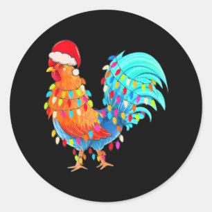 Pegatina Redonda Navidades iluminan pollo con Gorra de Navidad