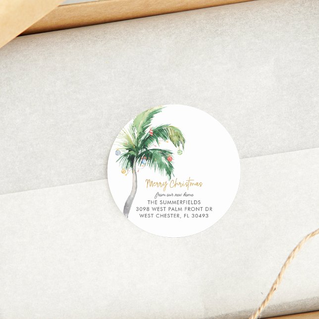 Pegatina Redonda Navidades Invitación de vacaciones en árbol de pal (Christmas Palm Tree Round Classic Sticker)