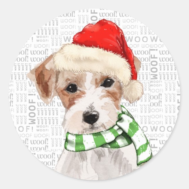 Pegatina Redonda Navidades Jack Russell Terrier Dog Santa Hat (Anverso)