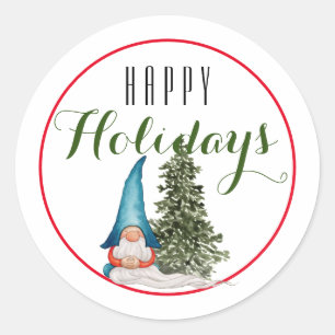 Pegatina Redonda Navidades Jardín Gnome Feliz Feriado/ Blanco