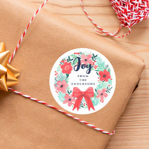 Pegatina Redonda Navidades Joy Bow Wreath Blue Holiday