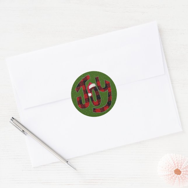 Pegatina Redonda Navidades Joy Buffalo Plaid (Sobre)