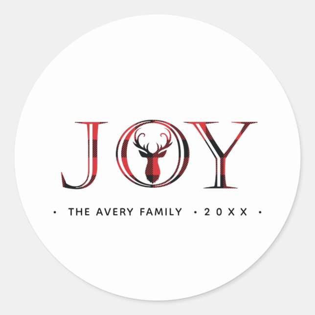 Pegatina Redonda Navidades Joy Plaid Personalizado (Anverso)