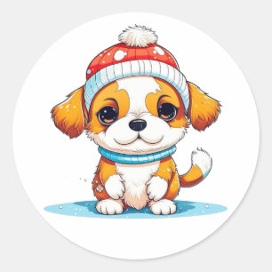 Pegatina Redonda Navidades Kawaii Perro Cachorro