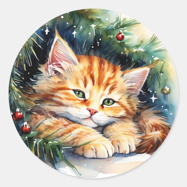Pegatina Redonda Navidades Kitten Napping under the Tree (Anverso)