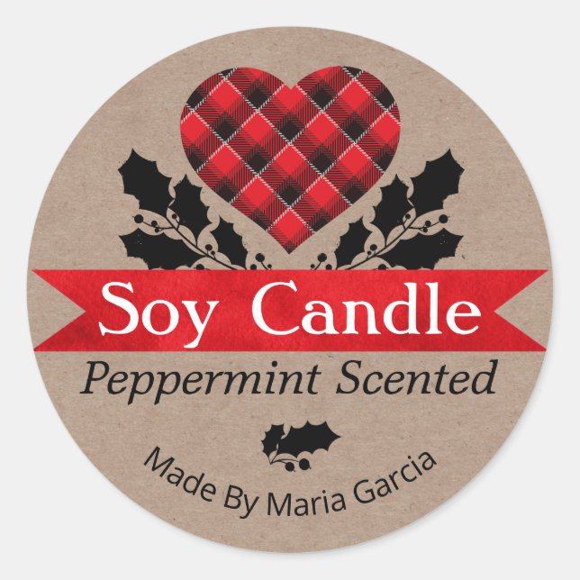 Pegatina Redonda Navidades Kraft Plaid Peppermint Candle Labs (Anverso)