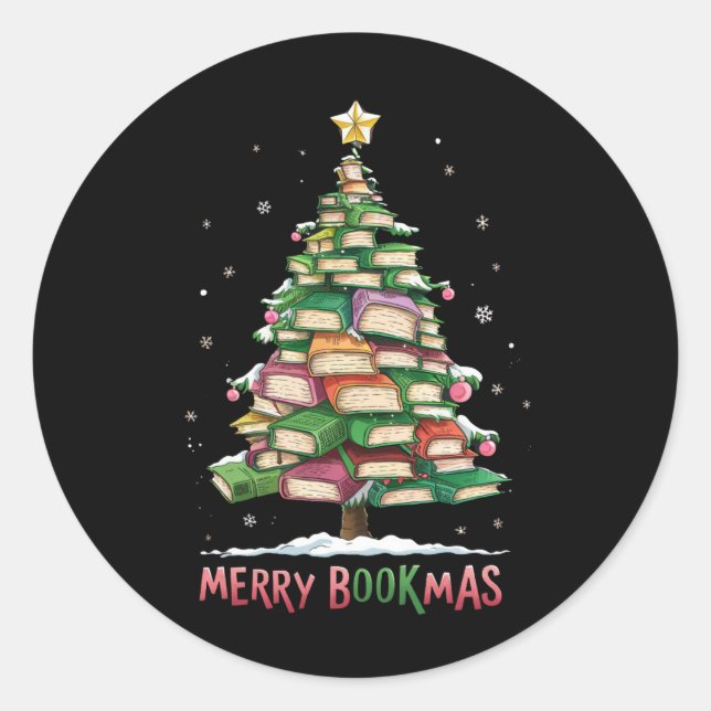 Pegatina Redonda Navidades libros bibliotecarios sobre árboles de s (Anverso)