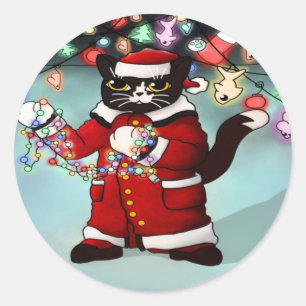 Pegatina Redonda Navidades Luces Cuidados Tos Clásicos De Tuxedo