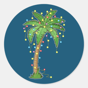 Pegatina Redonda Navidades Luces Palm Tree Beach Funny Tropical