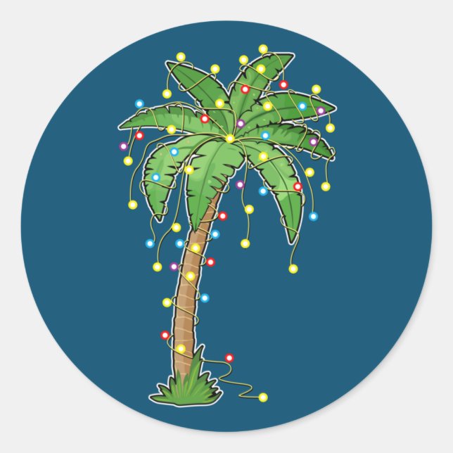 Pegatina Redonda Navidades Luces Palm Tree Beach Funny Tropical (Anverso)