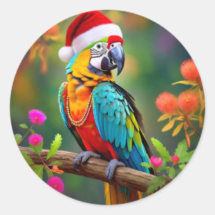 Pegatina Redonda Navidades Macaw Con Un Sombrero Santa-56485