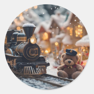 Pegatina Redonda Navidades mágicos entrenan la escena con Oso Teddy