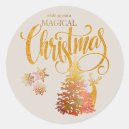 Pegatina Redonda Navidades mágicos Oro Árbol y reno Champagne