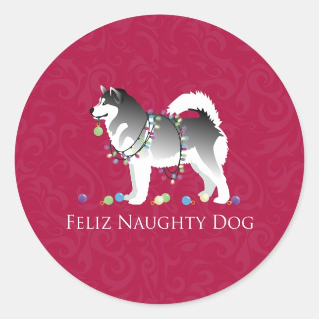 Pegatina Redonda Navidades malamute Feliz Perro travieso en Alaska (Anverso)