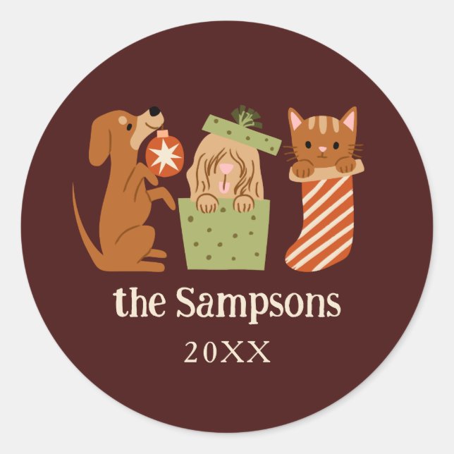 Pegatina Redonda Navidades Mascotas Rojo (Anverso)