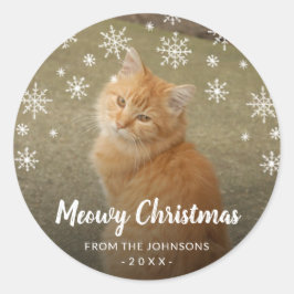 Pegatina Redonda Navidades Meowy de fotos de gatos con copos de nie
