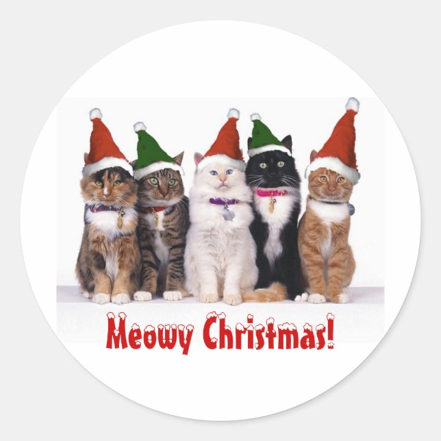 Pegatina Redonda "¡Navidades Meowy!" Gatos En Gorras (Anverso)