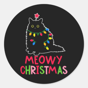 Pegatina Redonda Navidades Meowy Xmas ilumina pijamas de gato negro