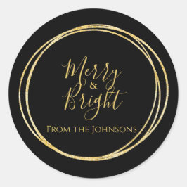 Pegatina Redonda Navidades Merry and Bright Family Name Black Gold