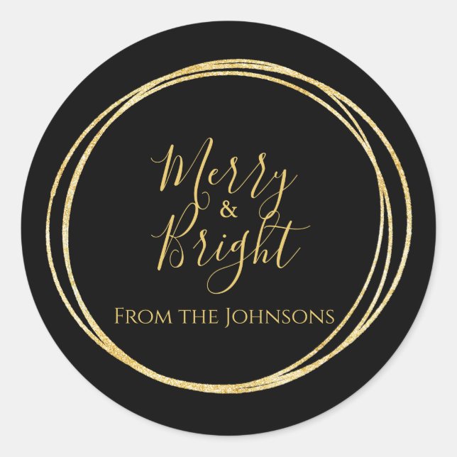 Pegatina Redonda Navidades Merry and Bright Family Name Black Gold (Anverso)