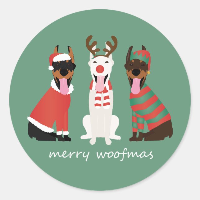 Pegatina Redonda Navidades Merry Woofmas Dobermann Perros (Anverso)