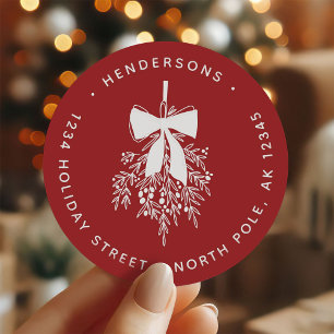 Pegatina Redonda Navidades Mistletoe Bough Return Address Red