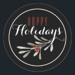 Pegatina Redonda Navidades Mistletoe Feliz feriado<br><div class="desc">Navidades Diseño de Mistletoe con un saludo de Feliz Navidad en blanco. Excelente para envolver regalos,  sellar sobres,  adjuntar etiquetas a un paquete o poner en tus hijos bolsas de almuerzo!!</div>