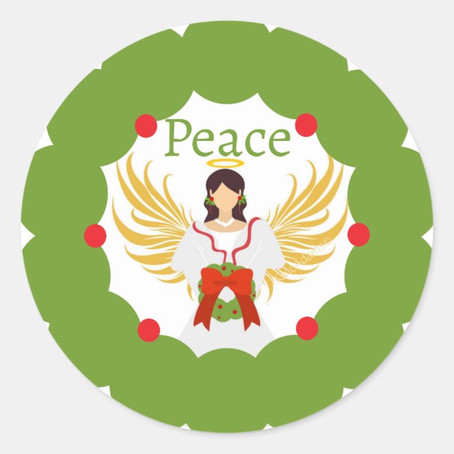 Pegatina Redonda Navidades modernos Ángel Paz Wreath Verde Rojo (Anverso)