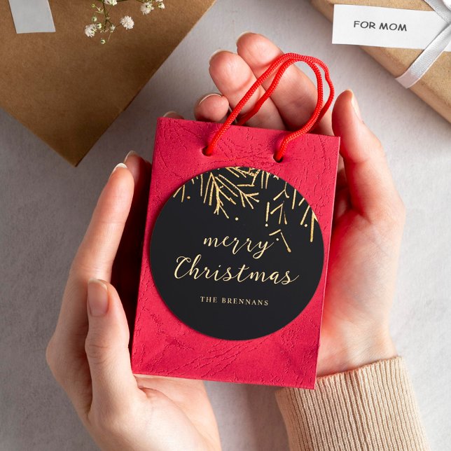Pegatina Redonda Navidades modernos de oro negro vacaciones elegant (Black Gold Modern Christmas Elegant Holiday Classic Round Sticker)