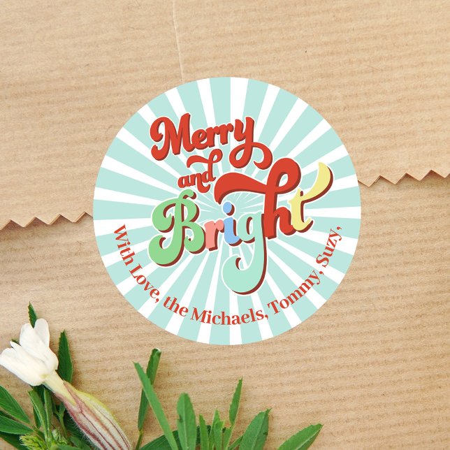 Pegatina Redonda Navidades modernos Personalizado de tipografía ret (Merry and Bright custom personalized gift stickers. )
