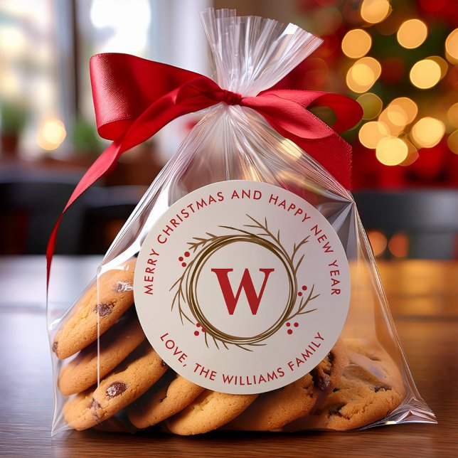 Pegatina Redonda Navidades modernos Wreath Monogrammed (Subido por el creador)