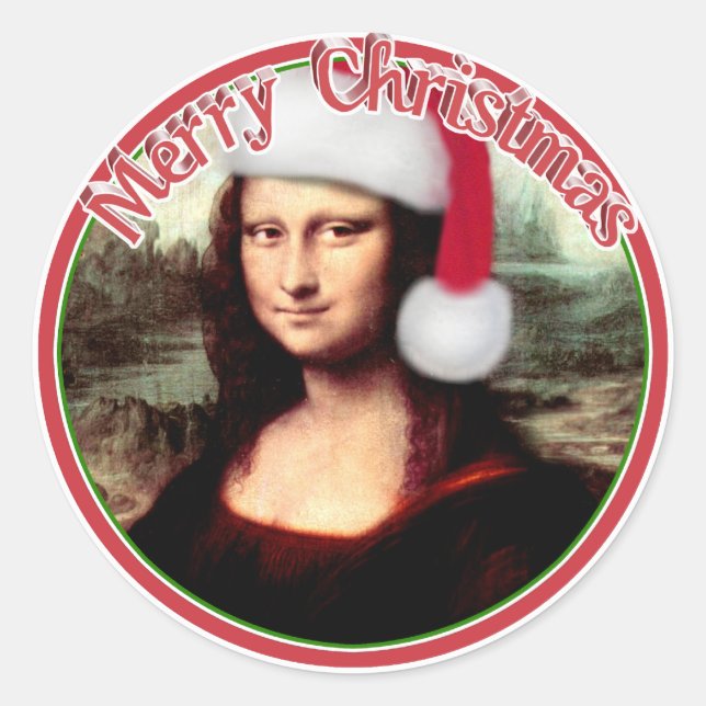 Pegatina Redonda Navidades Mona Lisa Con Santa Hat (Anverso)