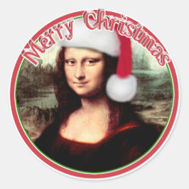 Pegatina Redonda Navidades Mona Lisa Con Santa Hat