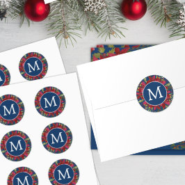 Pegatina Redonda Navidades Monograma Poinsettia Botánica Elegante