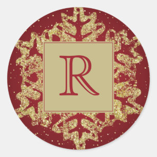 Pegatina Redonda Navidades Monograma Purpurina Snowflake Red Gold