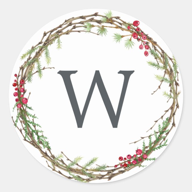Pegatina Redonda Navidades Monograma Verdor de Invierno Wreath Berr (Anverso)