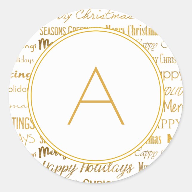 Pegatina Redonda Navidades Monogramados de Oro Typography Trendy (Anverso)