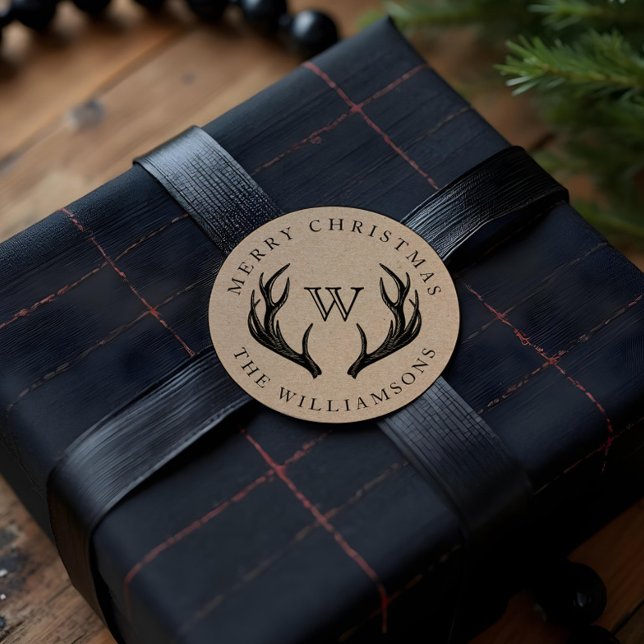 Pegatina Redonda Navidades Monogramas de la Familia de Antlers de R (Vintage Reindeer Antlers Family Monogram Christmas Classic Round Sticker)