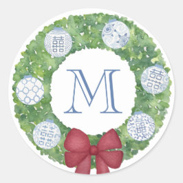 Pegatina Redonda Navidades Monogramas Personalizados Wreath de Boxw