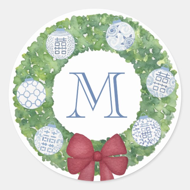 Pegatina Redonda Navidades Monogramas Personalizados Wreath de Boxw (Anverso)