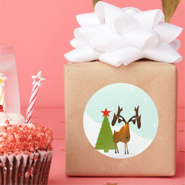 Pegatina Redonda Navidades Moose Elk Holiday Pine Tree (Fiesta)