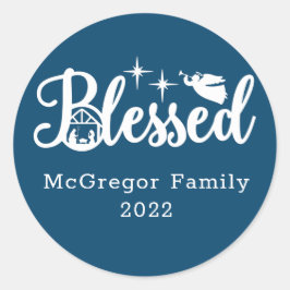 Pegatina Redonda Navidades Natividad bendecida azul y blanco