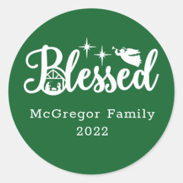 Pegatina Redonda Navidades Natividad Bendecida Verde y Blanco